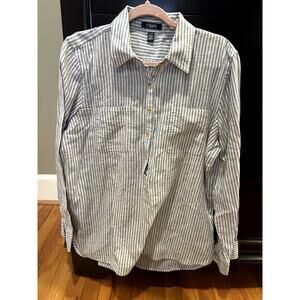 Chaps Women's Size XL Lagenlook Blue White Linen Blend Pinstriped Pullover Beach